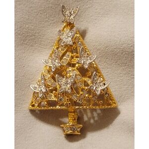 Vtg Graziano Rhinestone Butterflies Gold Tone Christmas Tree Brooch Pin Signed